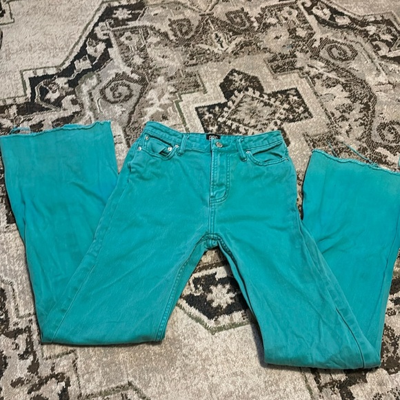 BDG Turquoise high waisted bell bottom flare jeans womens denim frayed hem 25 - Picture 1 of 4